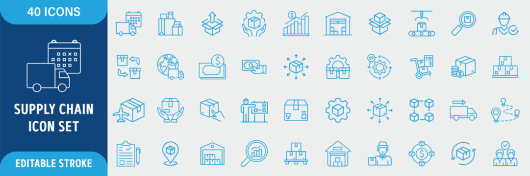 Supply Chain Line Icon Set. Logistics, Value Chain, Delivery, Manufacturing, Commerce, Distribution, Warehouse and Transportation Icons. Editable Outline Stroke. Vector Illustration