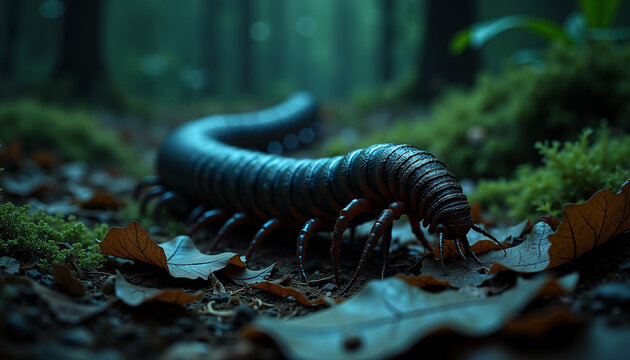 Millipede crawling on forest floor covered with leaves and moss  