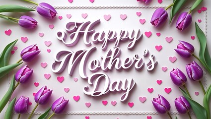 Happy mothers day card with purple tulips and hearts on white background
