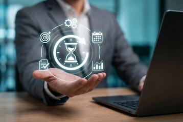 Project lead optimizing workflow schedules using a digital hourglass interface, balancing productivity and deadline management, efficient resource allocation for timely project delivery.