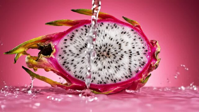 A halved dragon fruit with water splashing on it against a pink background 4k video