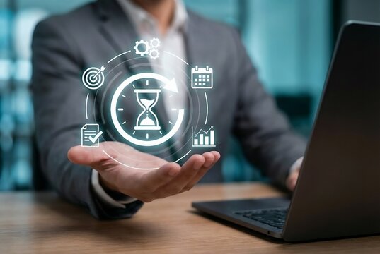 Project lead optimizing workflow schedules using a digital hourglass interface, balancing productivity and deadline management, efficient resource allocation for timely project delivery. - Powered by Adobe