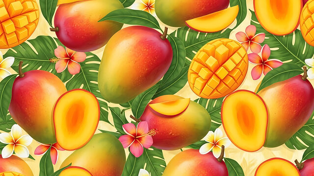 Seamless Mango Pattern with Tropical Leaves and Exotic Flowers - Vibrant Summer Fruit Illustration