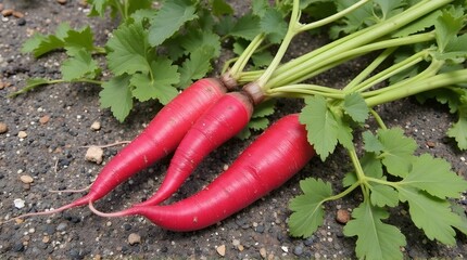 three bright red Long Scarlet Radishes