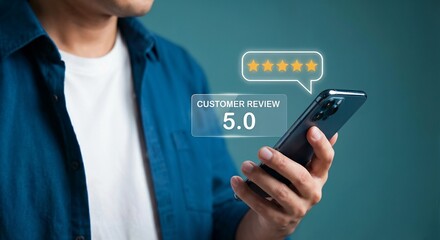 Customer experience manager monitoring positive real-time feedback and analyzing 5-star service ratings on a mobile interface to enhance brand reputation and user satisfaction