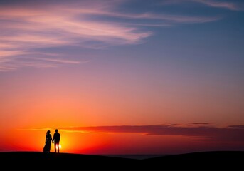 Obraz premium Couple silhouetted against a vibrant sunset over the ocean