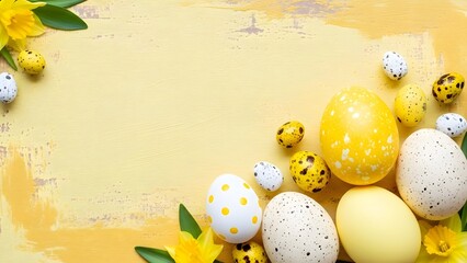 Easter eggs and flowers on yellow background