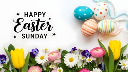 Happy easter sunday colorful eggs and flowers celebration