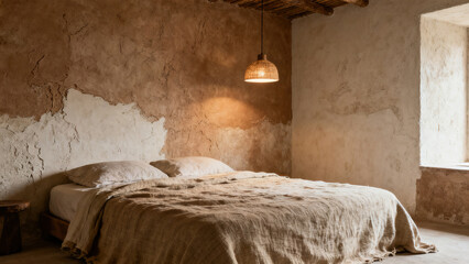 Wabi-sabi Bedroom: Minimalist Bed and Vintage Decoration Beside Adobe Wall