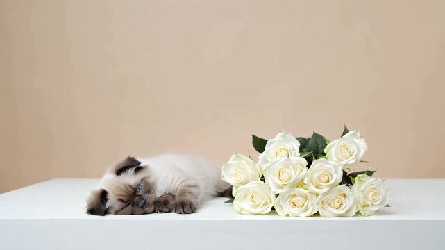 Fluffy ragdoll kitten peacefully sleeping beside white roses on a beige background. Cozy and gentle composition for romantic or pet-related content