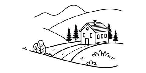 Continuous single line art drawing of a charming village skyline with houses. A charming minimalist line art illustration of a small village nestled among rolling hills.