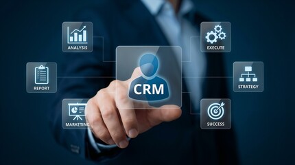 Sales director interacting with a central 'CRM' interface node connected to marketing, strategy, and analysis icons to optimize customer relationship management, track sales leads, and enhance busines