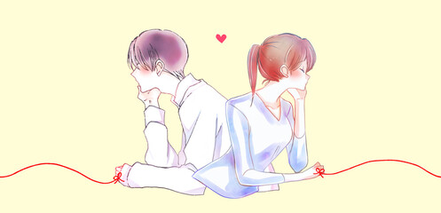 運命の赤い糸を結んだ背中合わせの男女　頬杖
