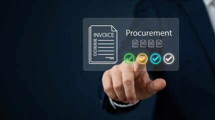 Supply chain manager selecting a verification checkmark on a 'Procurement' and 'Invoice' holographic panel to approve purchase orders, track inventory lists, and streamline the digital billing process