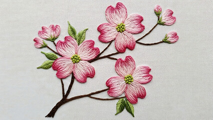 Vibrant pink dogwood flower embroidery, a delicate handmade textile art on light fabric background for spring.