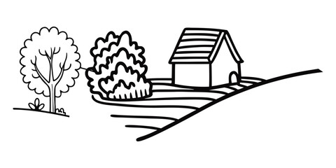 Continuous single line art drawing of a charming village skyline with houses. A charming minimalist line art illustration of a small village nestled among rolling hills.