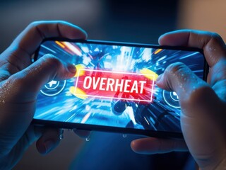 Intense mobile gaming session leading to smartphone overheating with a warning on screen
