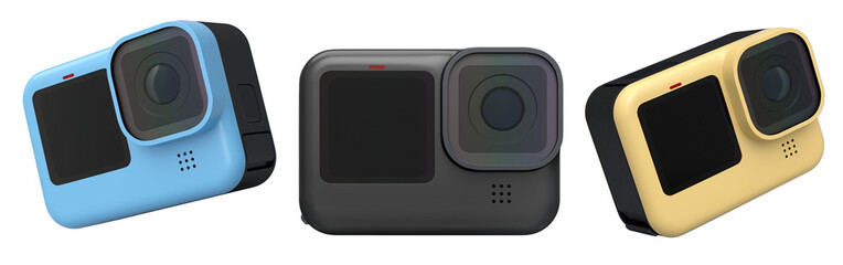 Obraz premium Set of compact action cameras, isolated on white background, concept of tech variety