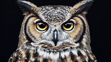 Stunning detailed owl face embroidery on black background, realistic artistic needlework close-up