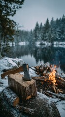 A sturdy axe is ready on a log chopping block near a blazing campfire, surrounded by snow. The tranquil scene features a dark lake reflecting winter trees under an overcast sky, evoking rustic outdoor