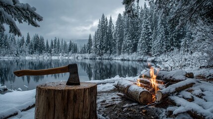 A stunning winter landscape unfolds by the tranquil edge of a pristine lake, where a dense forest of snow-covered evergreen trees stands majestically under a dramatic, overcast sky. In the foreground,