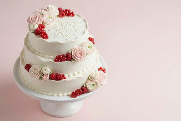Beautiful cake with Happy Mother's day text and flowers on pale pink background with copy space. Holiday gift, card mockup