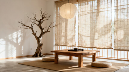 Zen Tea Room: Space of Japanese-style Tea Table, Withered Tree and Paper Lantern