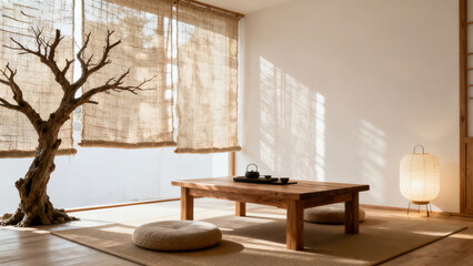 Zen Tea Room: Space of Japanese-style Tea Table, Withered Tree and Paper Lantern