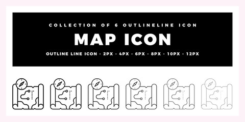 Collection of 6 Outline Map Icons with Compass