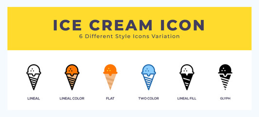 Icecream icon symbol set. outline. glyph black. flat color and filled line color.