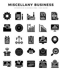 Miscellany Business Icons Pack. Glyph icons set. Glyph icon collection set.