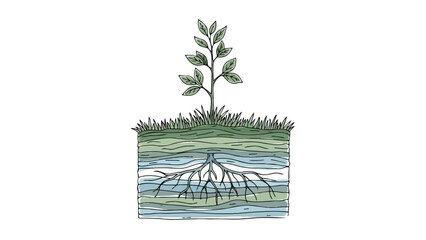 Illustration of a young plant with visible roots in a crosssection of soil.