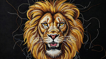 Majestic Embroidered Lion Head Portrait with Golden Mane on Black Background, Intricate Stitchwork