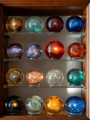 Shelf of colorful glass spheres each holding a unique galaxy with vibrant celestial detail