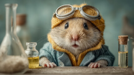 hamster dressed as a scientist mixing chemicals in a tiny lab
