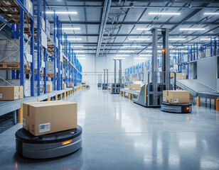 A clean vector-style illustration of an automated warehouse filled with conveyors and autonomous logistics vehicles.