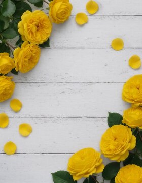 Bright and cheerful yellow roses with scattered petals creating a vivid frame on a white wooden background. A high-energy flat lay ideal for summer greetings, friendship, and happy celebrations.