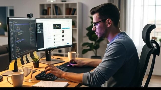 Man working at desk with two computer monitors typing and using mouse