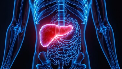 Illuminated internal human structure highlights the visceral organ responsible for metabolic functions