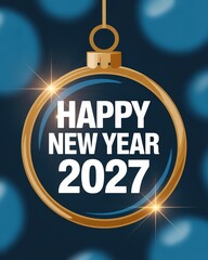 Elegant Gold Bauble Design Celebrating 2027 New Year with Sparkling Blue Bokeh Background Ideal for Festive Greeting Cards and Holiday Promotions