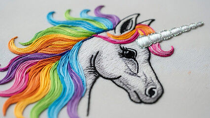 Detailed embroidery of a mystical white unicorn with a flowing, multi-colored rainbow mane and shiny horn.