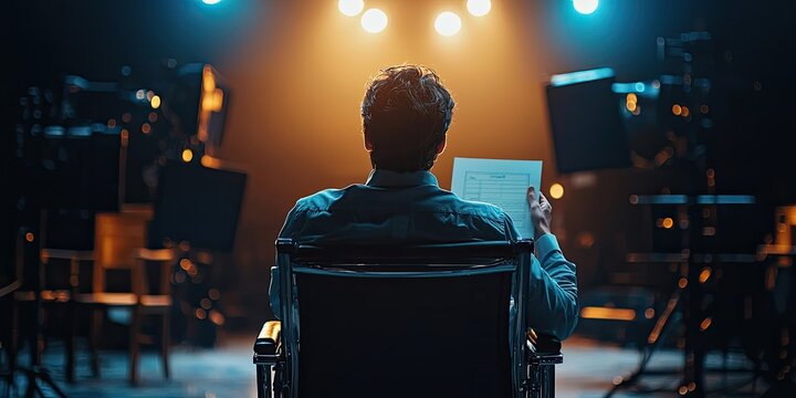 Man seated on film set reading printed script under dramatic stage lighting with equipment in background. Generative by AI.