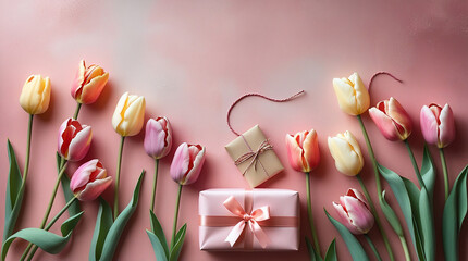 Tulips in various vibrant colors with delicate petals and slender stems are arranged in a beautiful bouquet on a soft pink backdrop, alongside a neatly wrapped present with a satin ribbon and a gift 