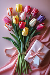 Tulips in various vibrant colors with delicate petals and slender stems are arranged in a beautiful bouquet on a soft pink backdrop, alongside a neatly wrapped present with a satin ribbon and a gift 