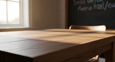 A wooden table in a classroom with a chalkboard and window