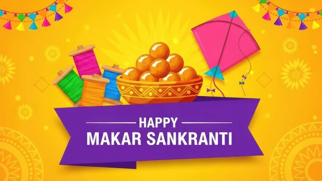 Happy makar sankranti celebration with kite and sweets