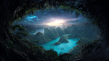 Magical hidden jungle lagoon with waterfalls