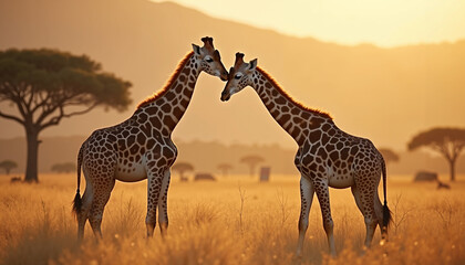 Two giraffes interacting at sunset in savanna landscape  