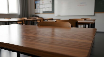A close-up view of a wooden desk in an empty classroom with a whiteboard and chairs