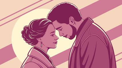 Obraz premium Illustration of a romantic couple with foreheads touching, set against a vibrant pink and yellow striped background with a large sun.